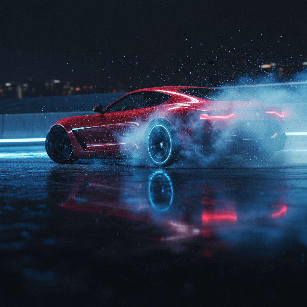 Red luxury sports car drifting through blue neon water spray