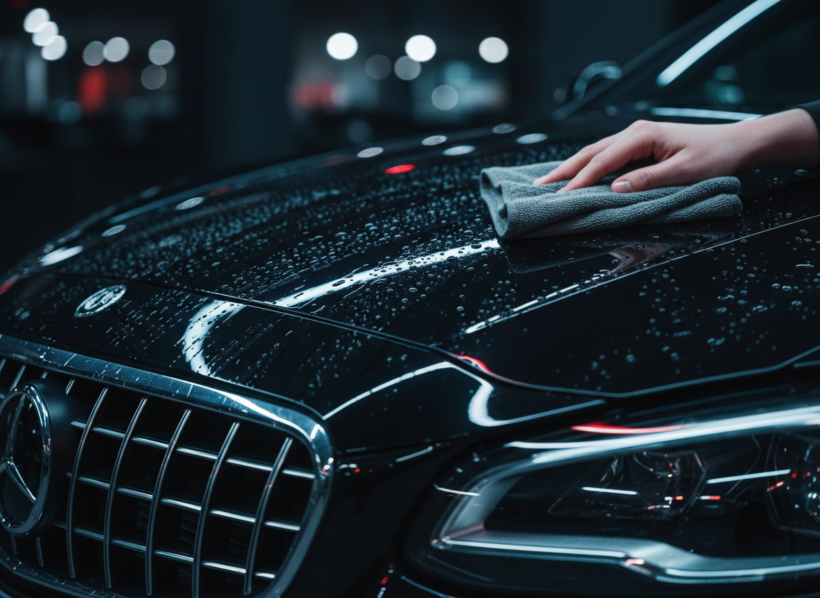 Premium car detailing with blue neon reflections