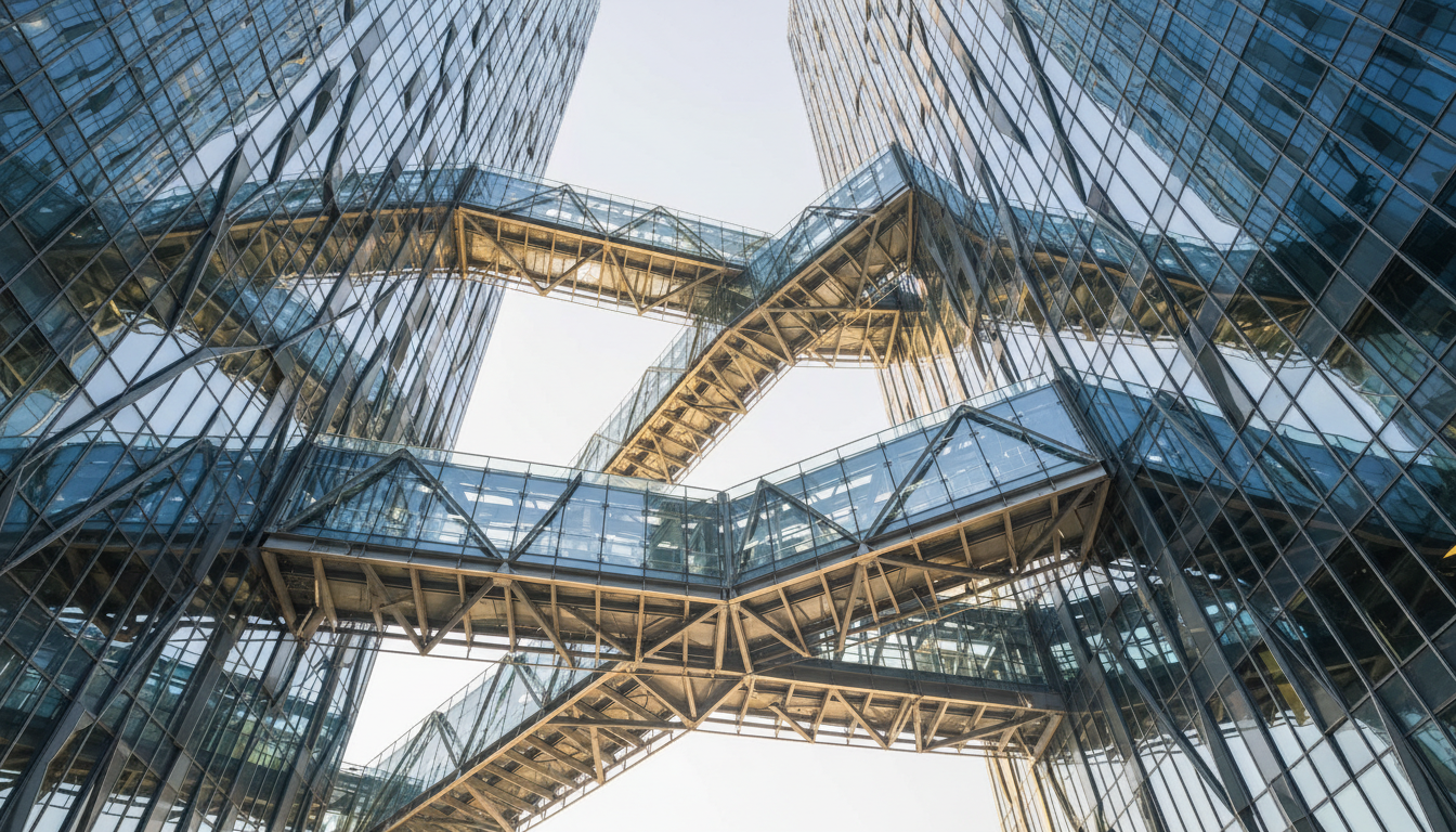 Interconnected glass bridges between skyscrapers representing global connectivity