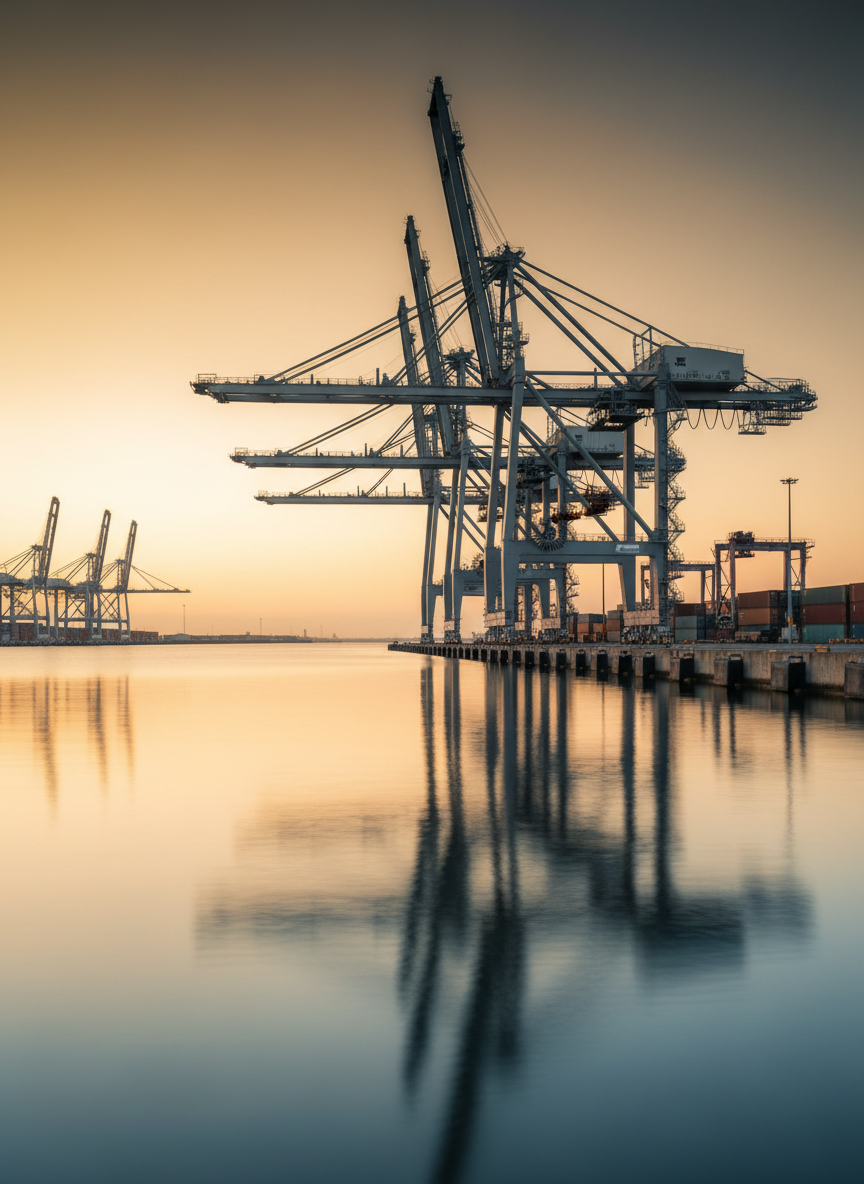 Shipping port at golden hour representing global trade
