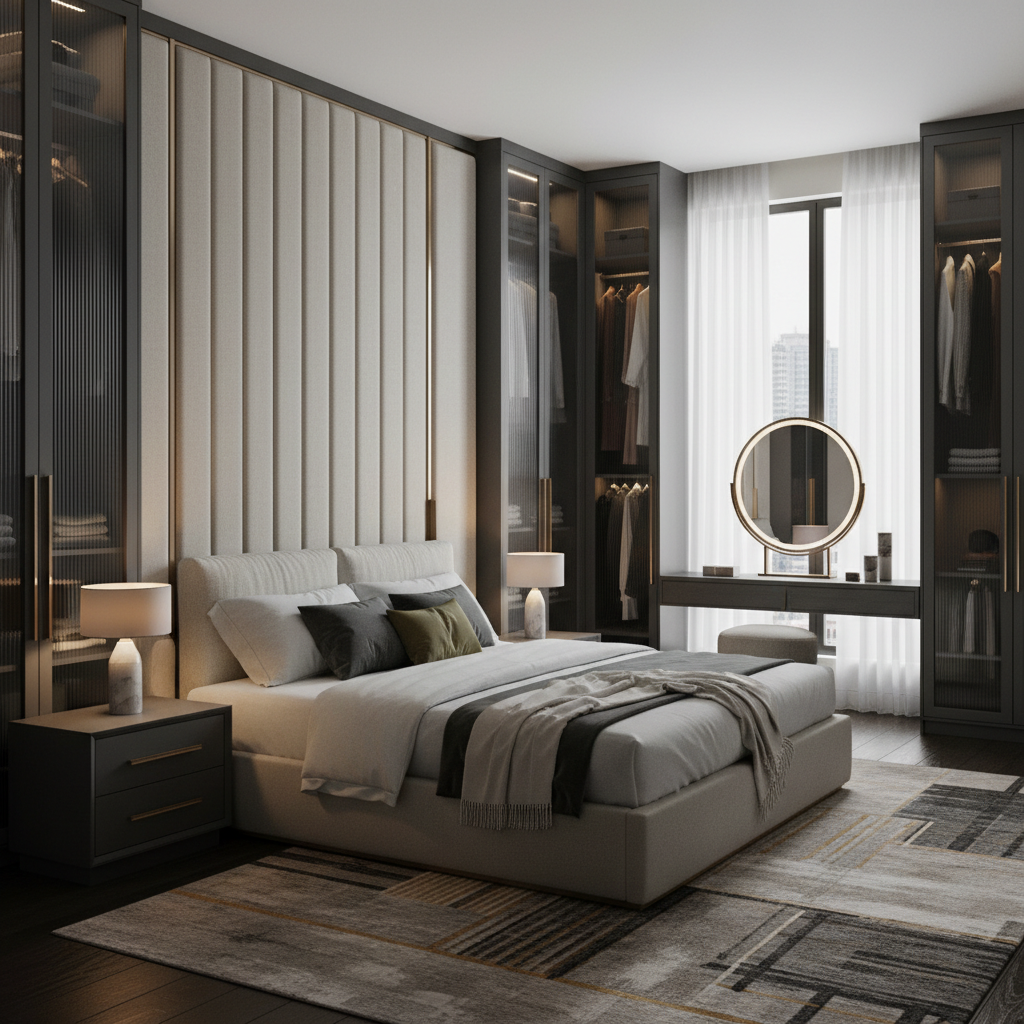 Charcoal fitted wardrobe wall with fluted glass doors by Strada