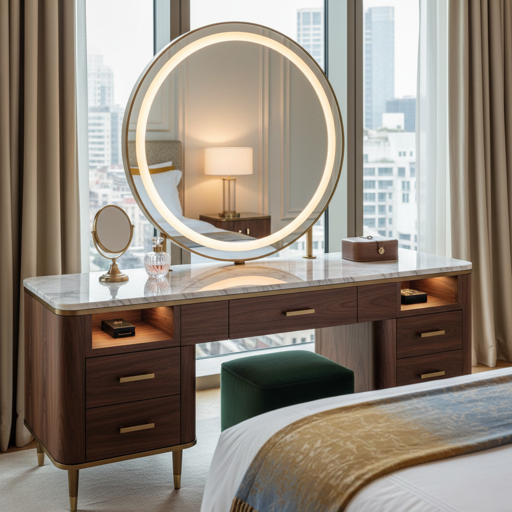 Bespoke vanity dressing table with backlit mirror and marble top