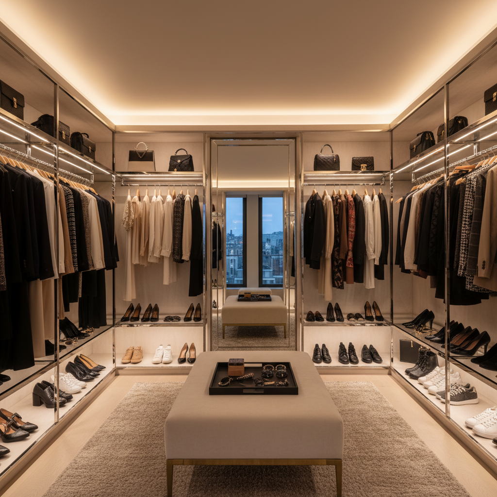 Bespoke dressing room with open rails and glass shoe shelving