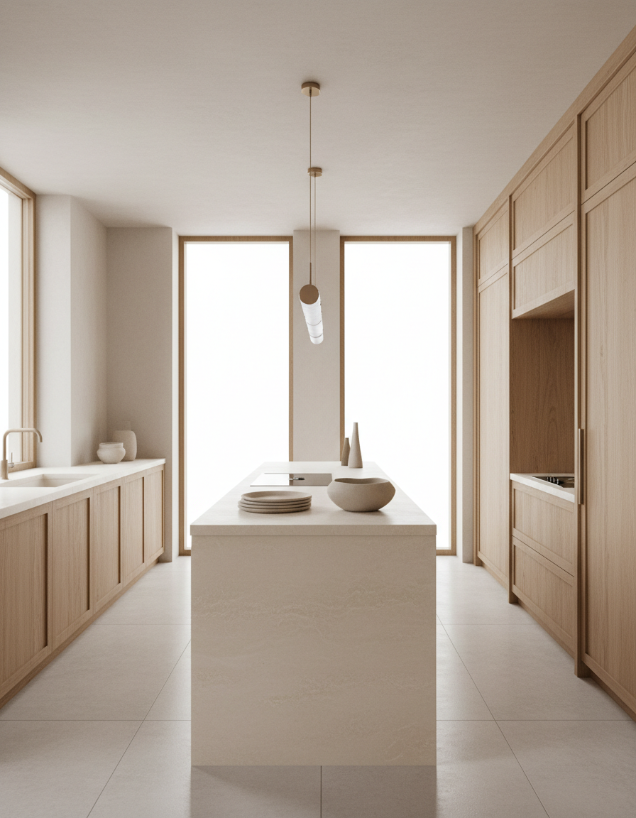 Architectural kitchen with book-matched oak veneer cabinetry by Strada