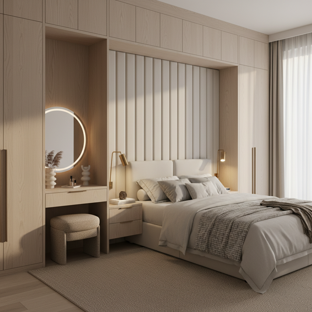 Pale oak fitted bedroom suite with integrated headboard and bedside
