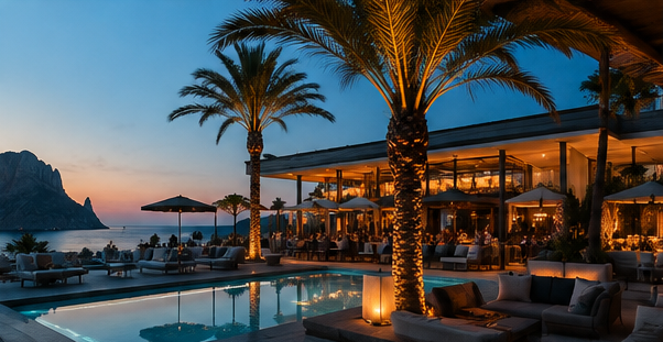 Luxury poolside beach club at blue hour in Ibiza, with an illuminated turquoise pool and the Es Vedra silhouette in the distance
