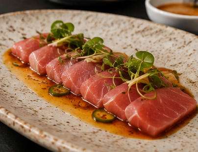 Yellowfin tuna sashimi with jalapeno on a stoneware plate at a luxury Ibiza restaurant