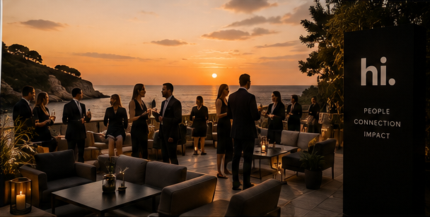 Professionals in business attire networking on a sunset terrace overlooking the sea, with warm golden lighting and lounge seating