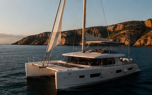 A white catamaran sailing on dark blue water at sunset, with a rugged rocky coastline in the background