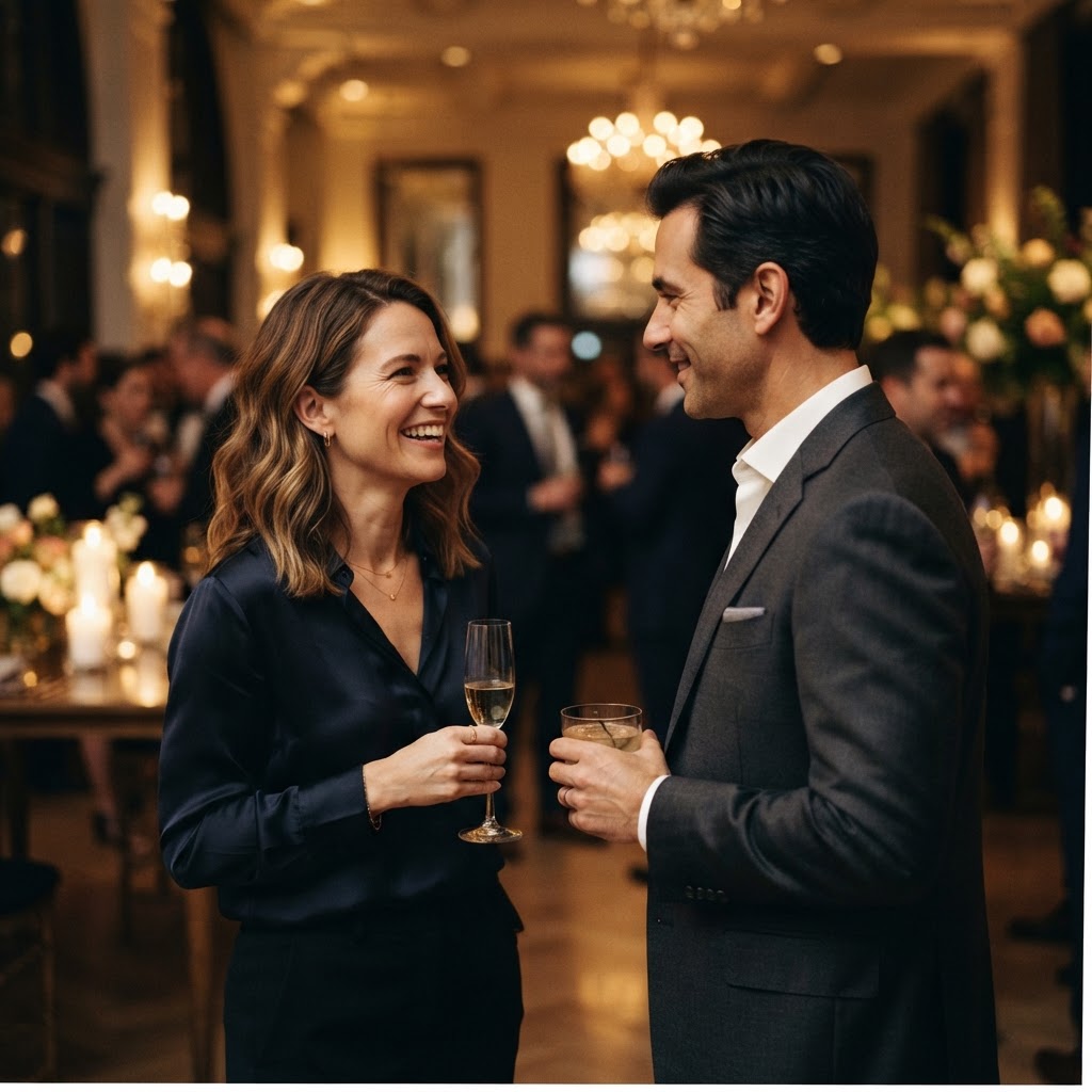 Two guests sharing a genuine conversation at a Hi Events corporate gathering