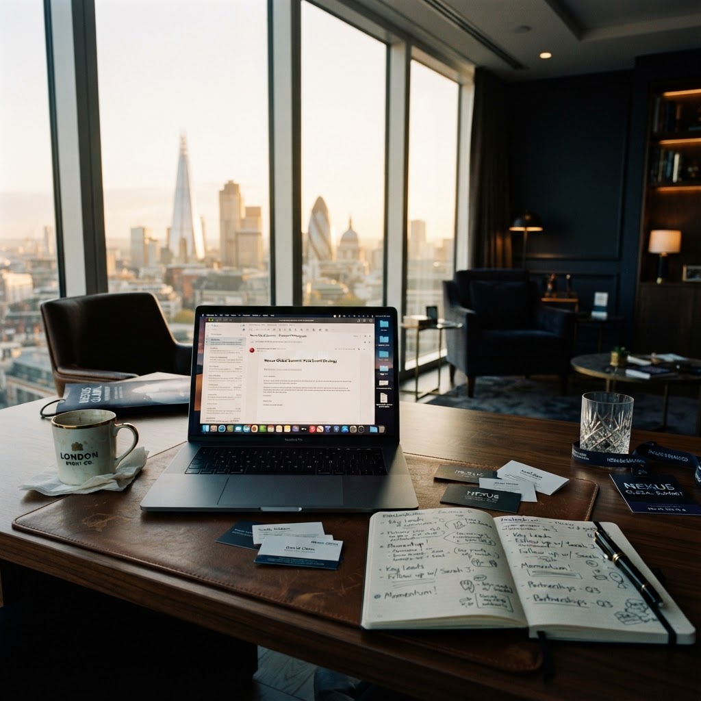 Modern executive office the morning after a corporate event, laptop with coffee and business cards, London skyline through the window in soft golden morning light