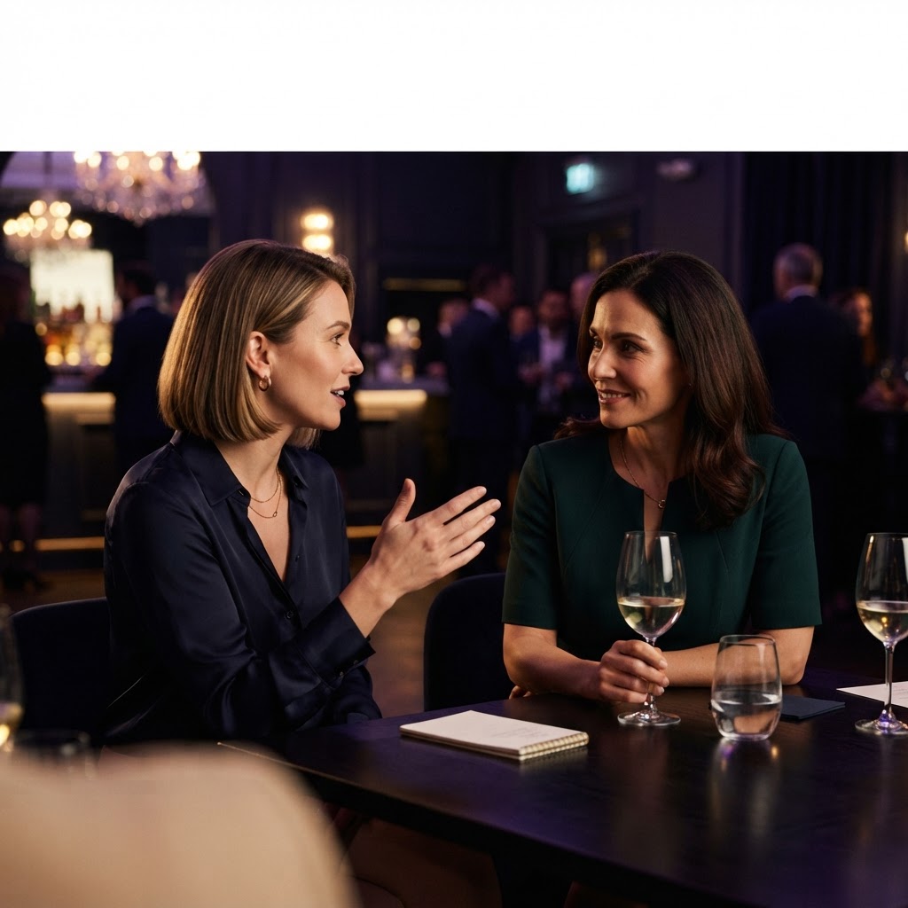 Two professionals in deep conversation at a luxury corporate event, warm golden lighting against a dark blurred venue background
