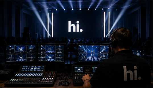 An A/V technician at a control booth managing a live event, wearing headphones at a mixing console with multi-view monitors showing live feeds of the stage