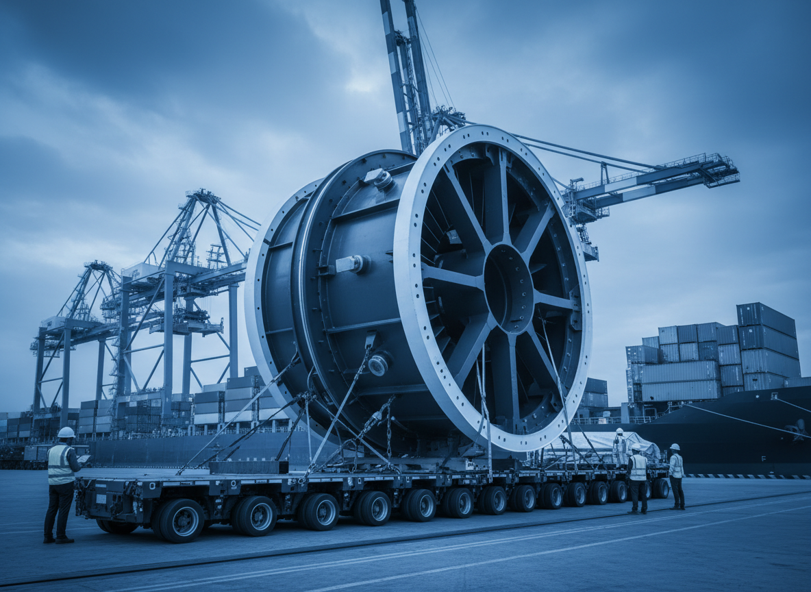 Heavy industrial project cargo prepared for international transport