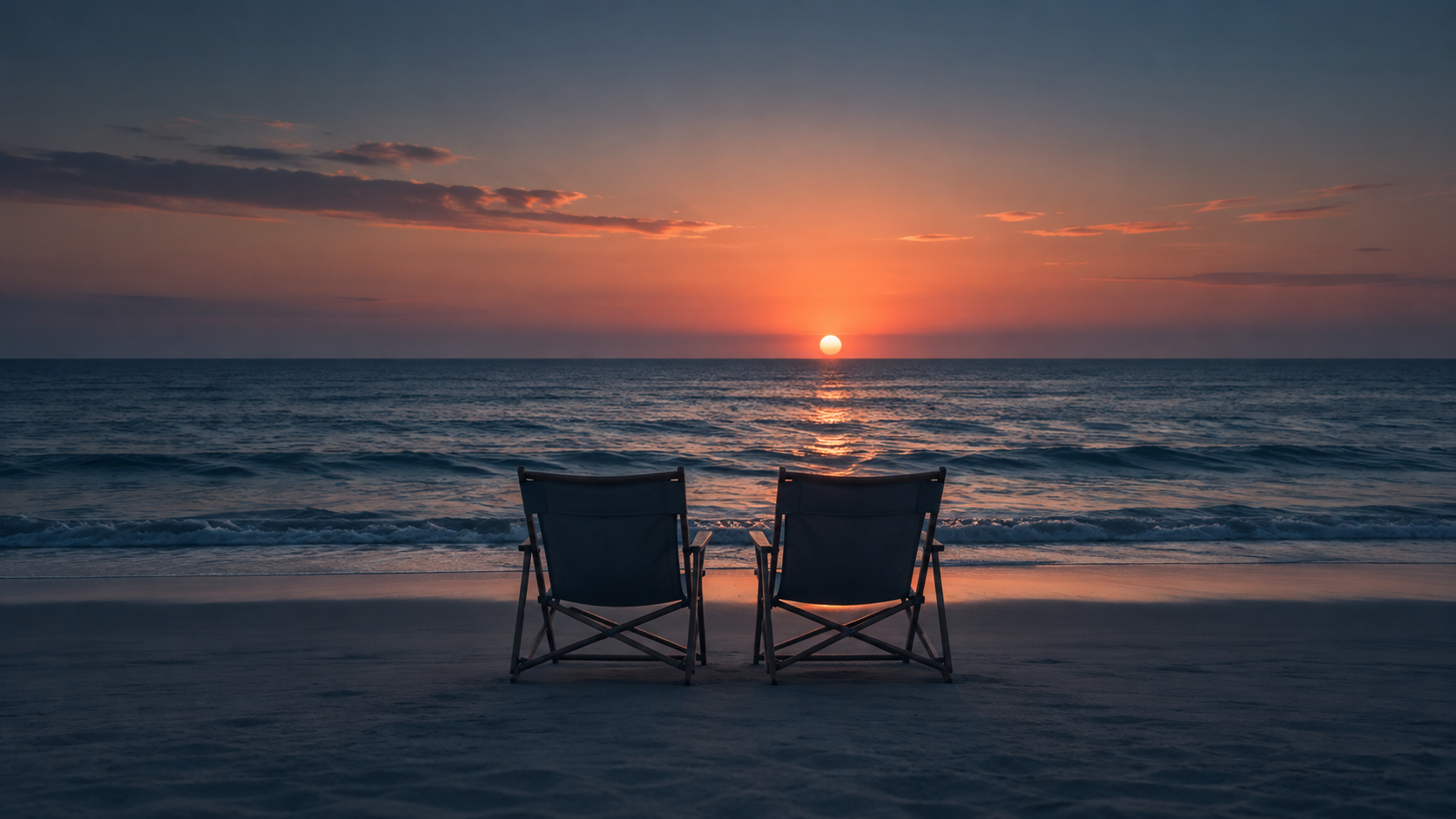 Deux chaises face à la mer au coucher du soleil
