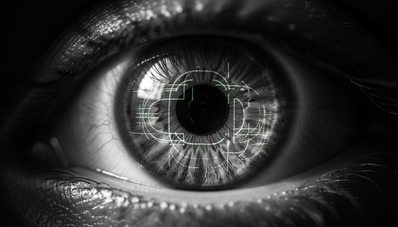 Macro shot of an eye reflecting patterns of light