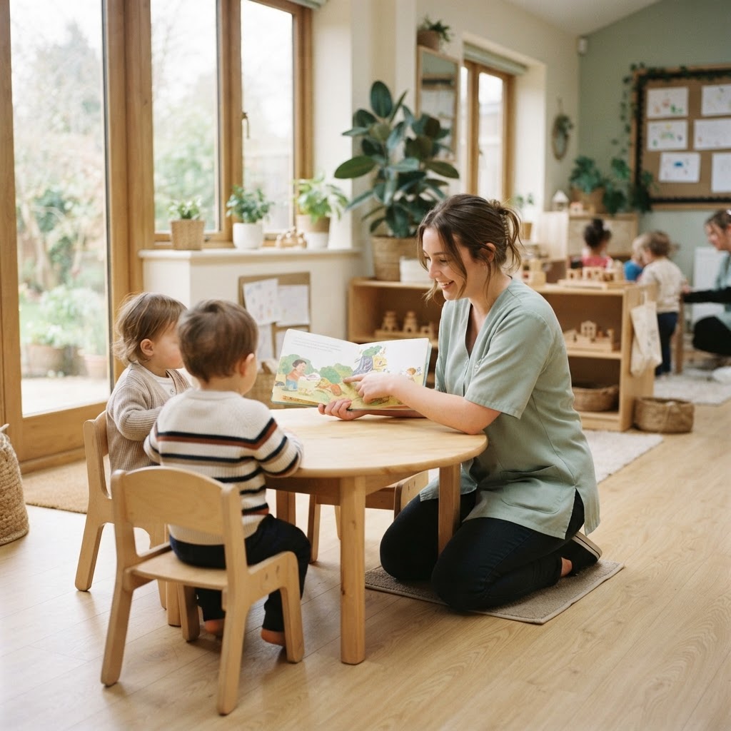 A childcare practitioner reading a picture book with young children in a calm nursery