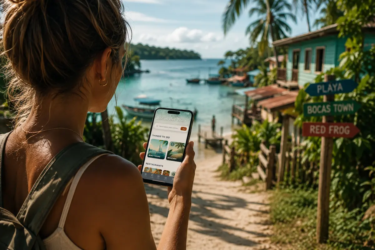 Person using KUNO travel guide on smartphone in Bocas del Toro