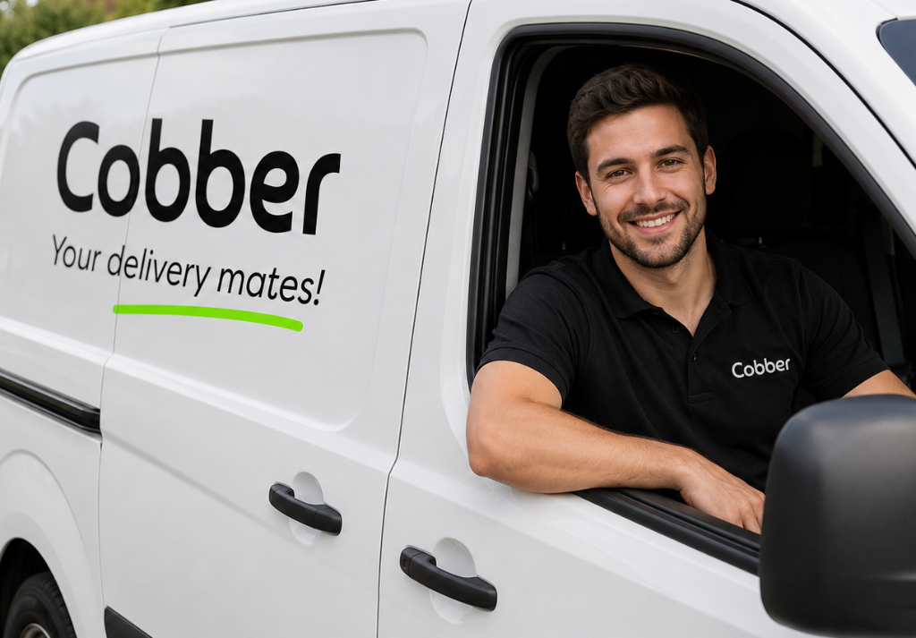 A friendly Cobber delivery driver in a branded white van — local drivers, national reach