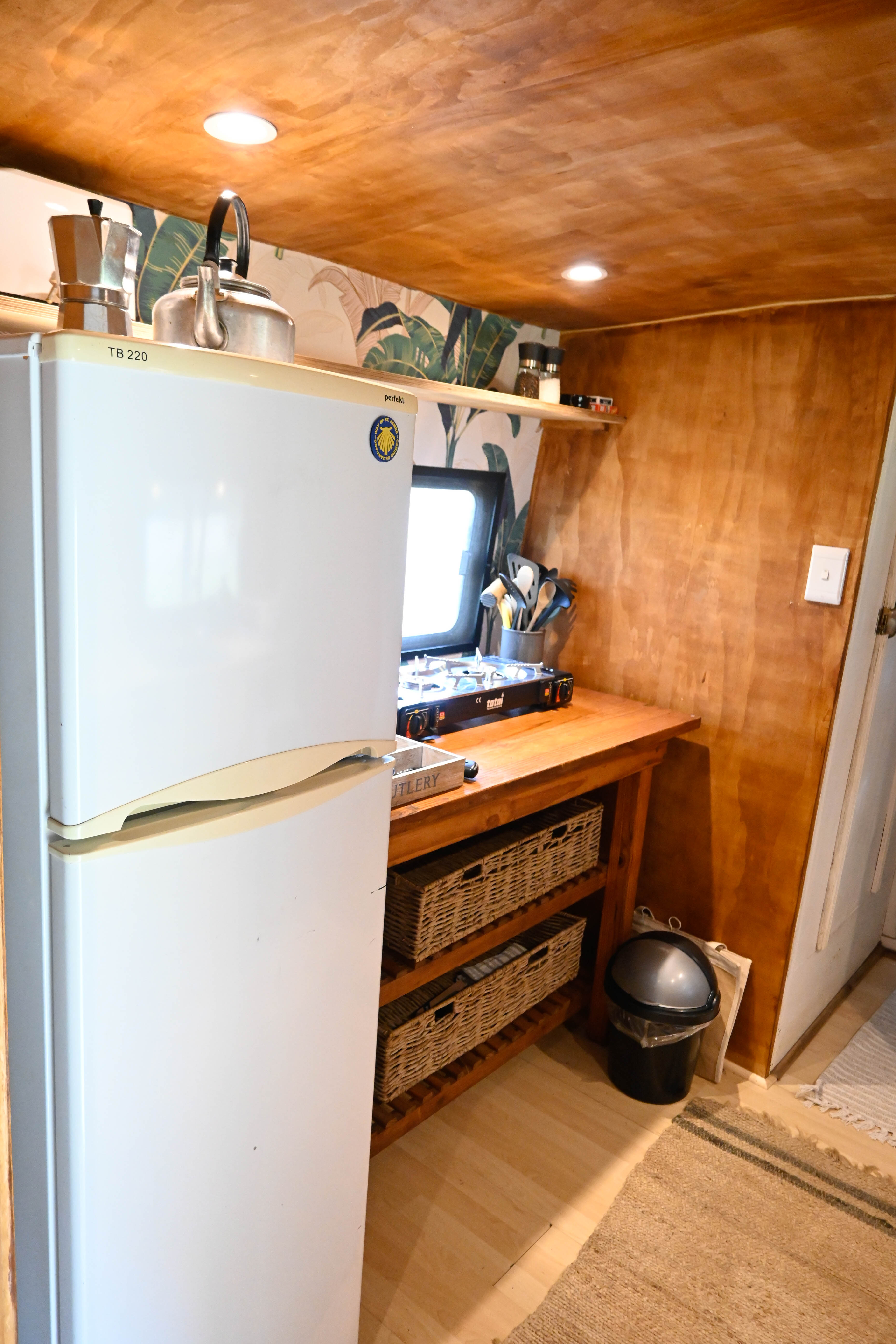 Bus kitchen with fridge and stove