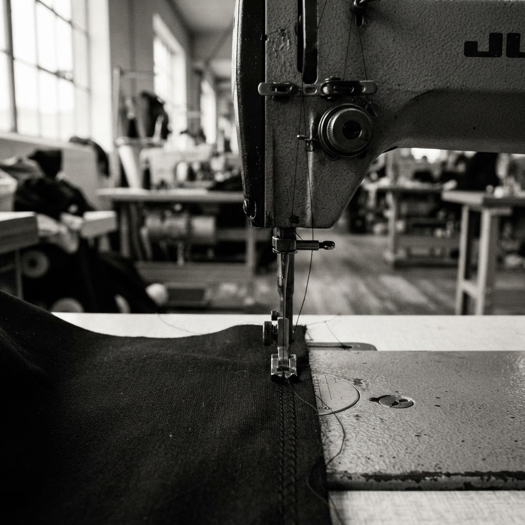 Sewing machine needle mid-stitch into black fabric