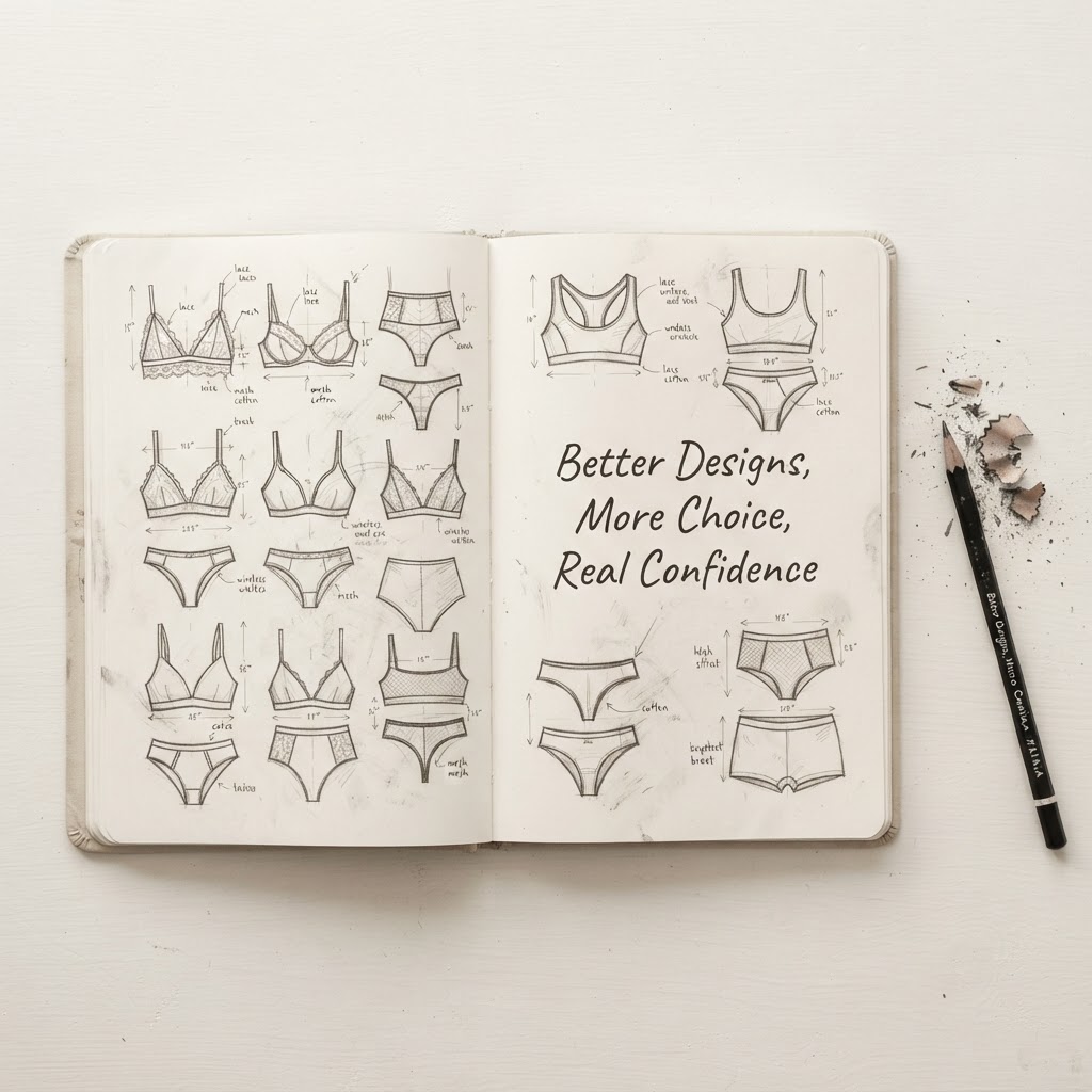 Notebook sketching underwear silhouettes, Better Designs, More Choice, Real Confidence