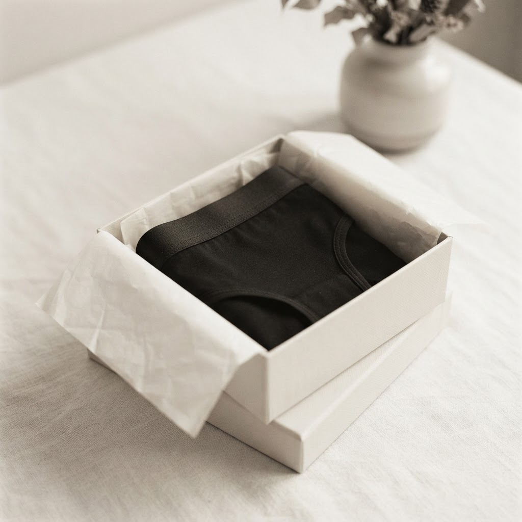 Underwear folded in tissue paper inside a box