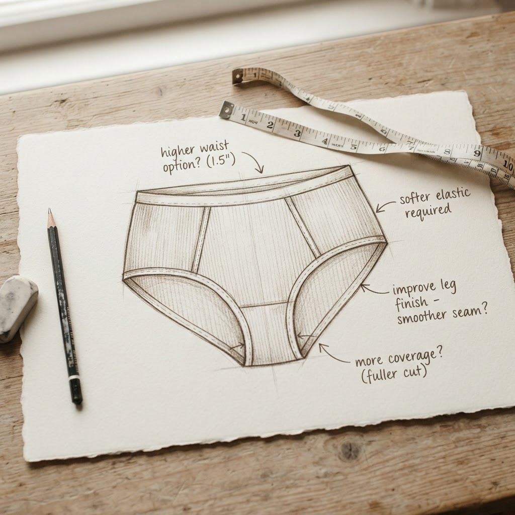 Annotated underwear sketch with a measuring tape