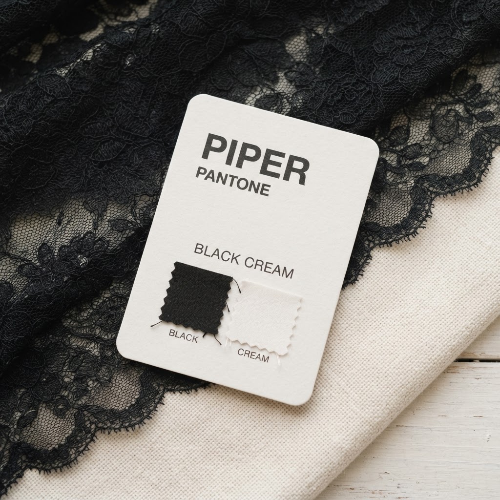 Piper Pantone swatch card in black and cream over lace and fabric