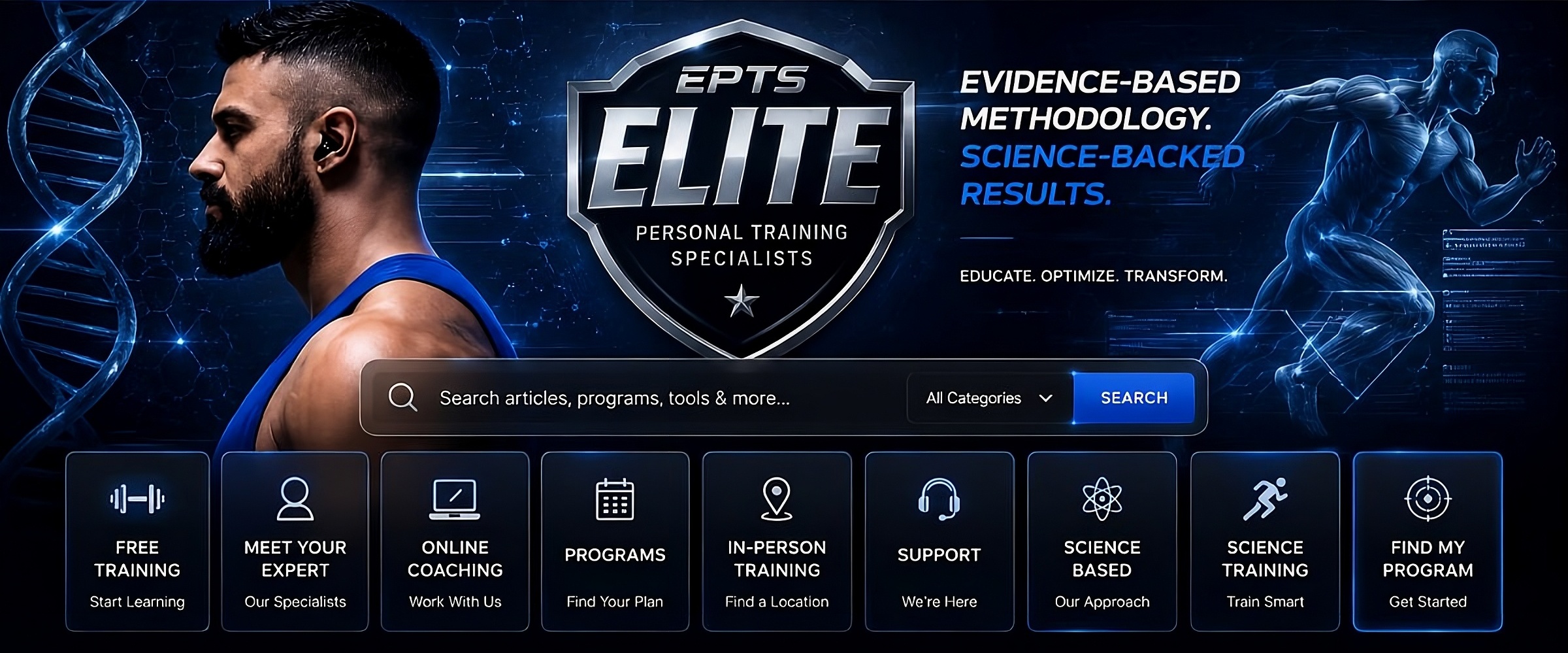 ElitePTS evidence-based methodology, science-backed results — EPTS Elite shield, DNA helix, athlete silhouette, quick action grid