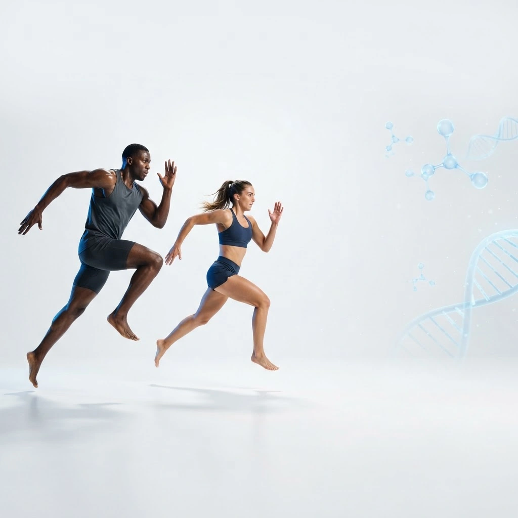 Illustrative athletes against a white science-themed background