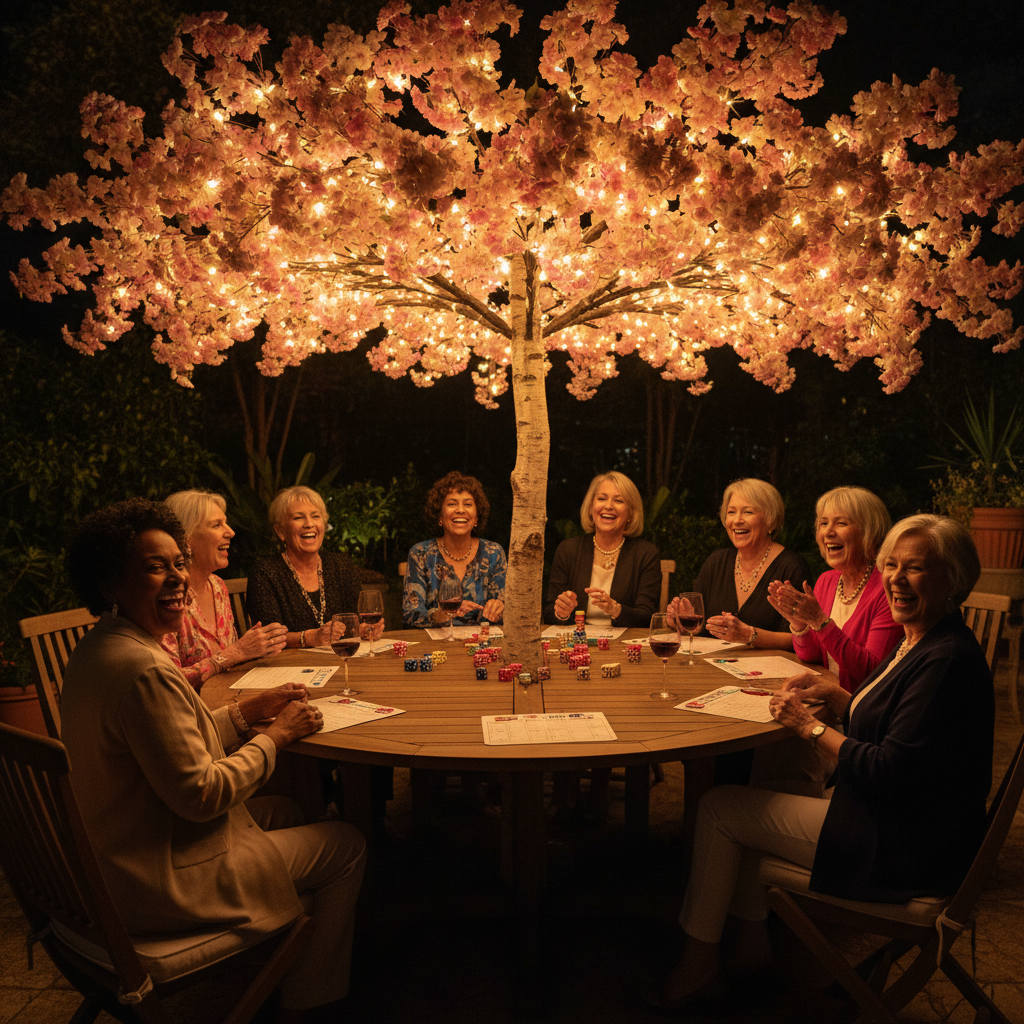 Senior ladies playing Bunko under blossom tree umbrella with firefly lights