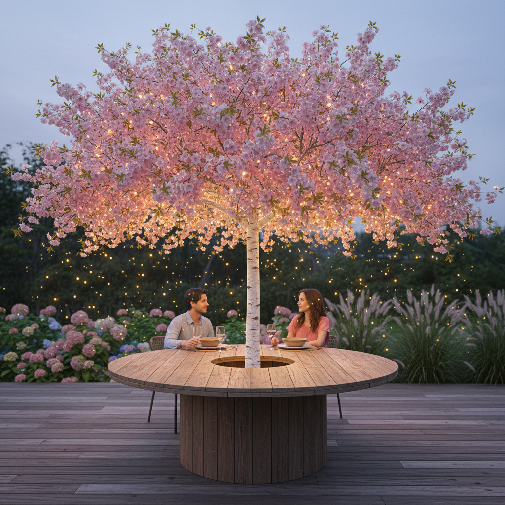 Backyard deck at dusk with blossom tree umbrella and firefly lights