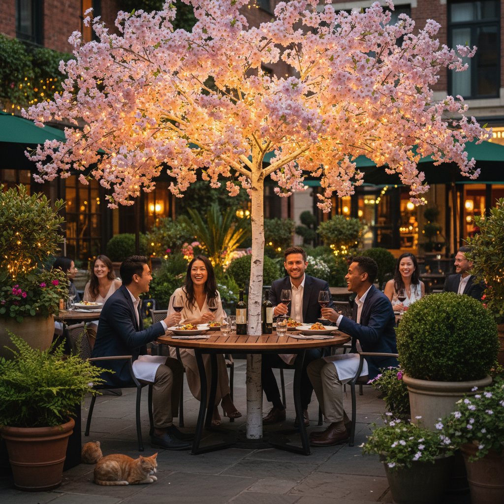 Pink blossom tree with decorations