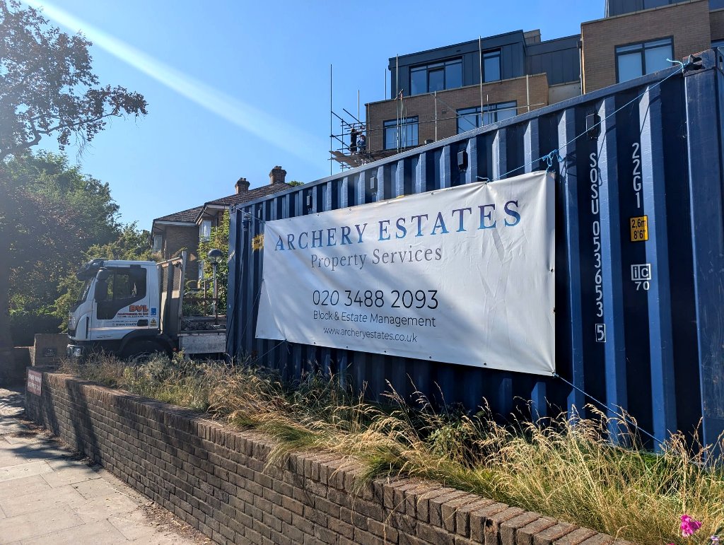 Archery Estates property services banner at Ladybird Apartments Lee Green during BLP warranty rectification works