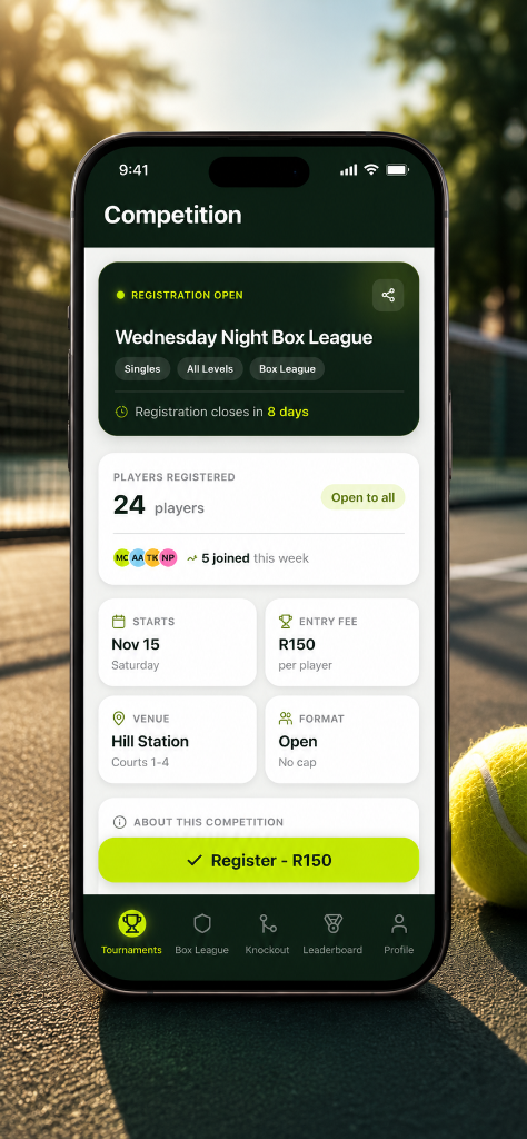 40Love mobile app tournament management interface