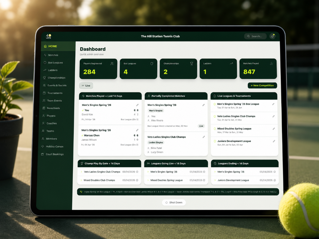 Club admin dashboard with tournament and match management