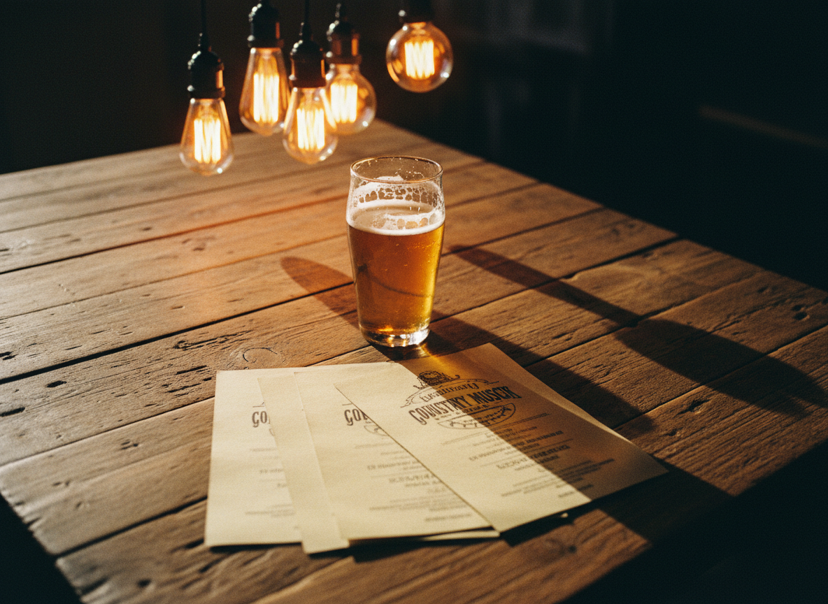 Tavolo in legno con birra e luce ambrata prima di una serata country