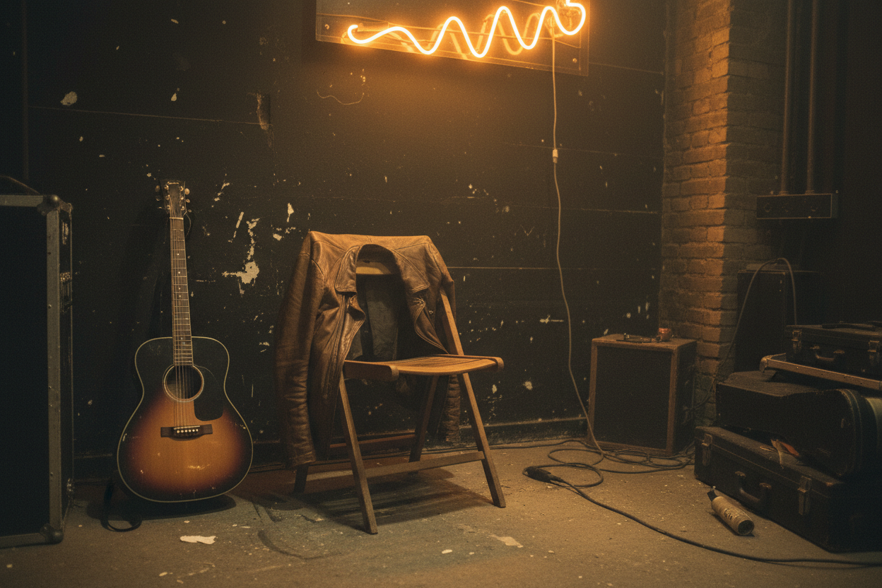 Chitarra e giacca in backstage con luce ambrata