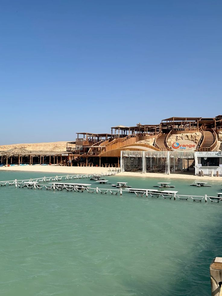Orange Bay beach resort seen from the turquoise lagoon