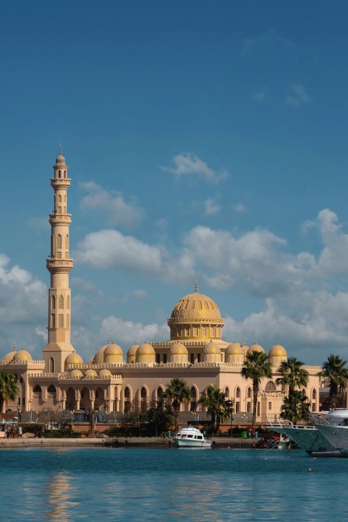 Hurghada El Mina Mosque golden domes seen from the sea