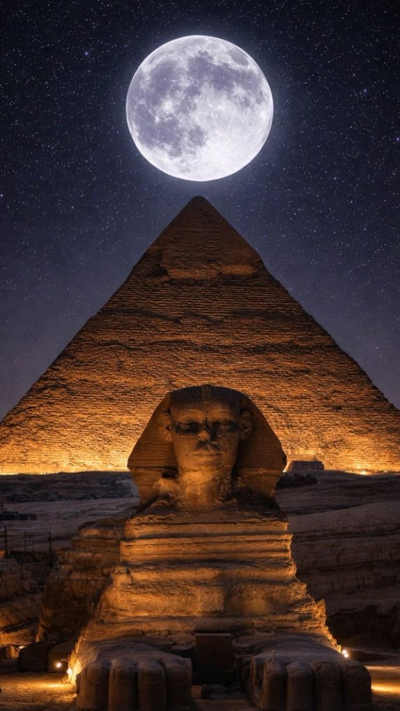 Great Sphinx and Pyramid of Giza under a full moon and starry night sky