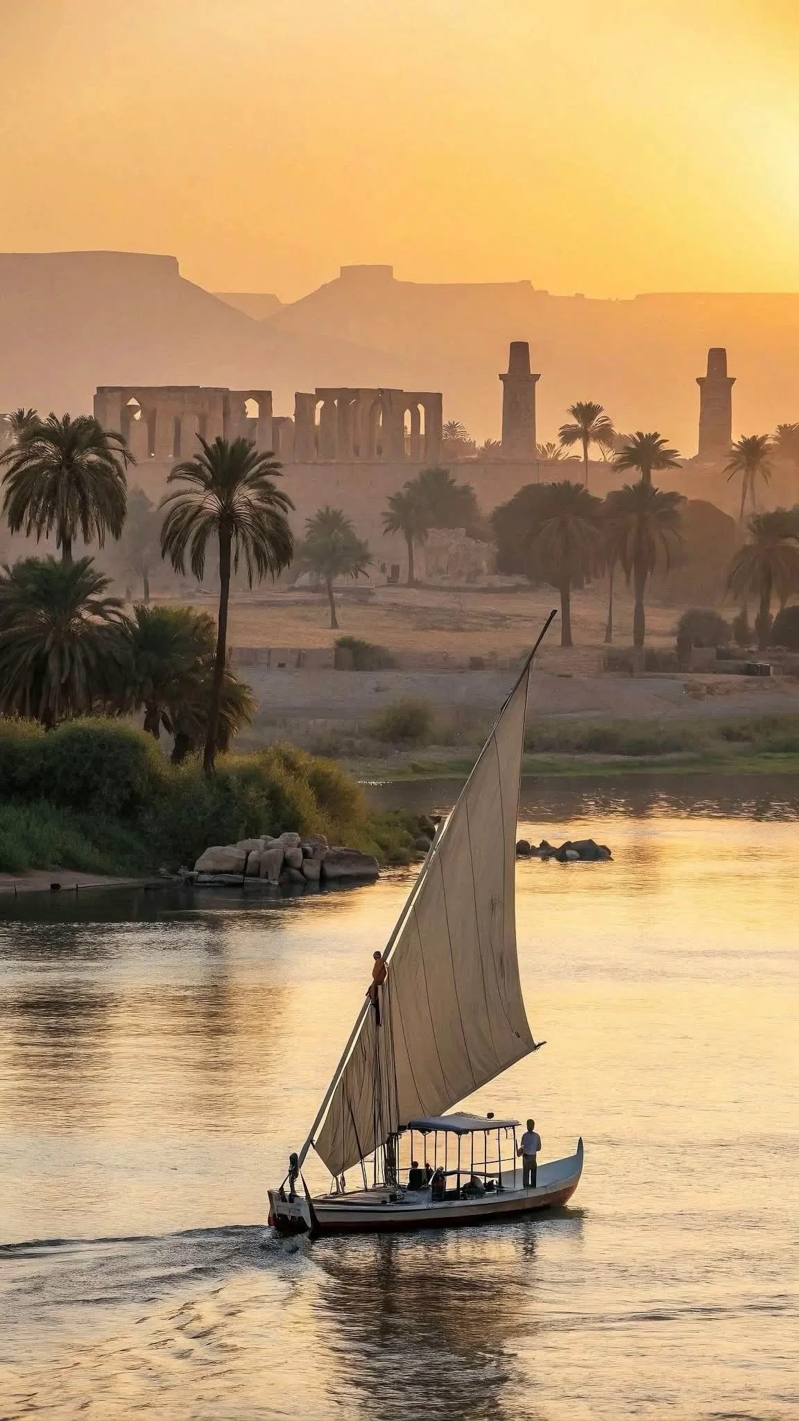 Traditional felucca sailing on the Nile at golden sunset with Luxor temples