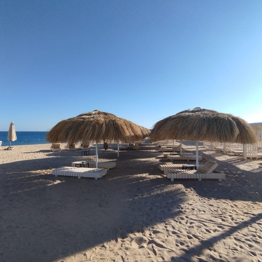 Pristine beach with thatched umbrellas, Red Sea