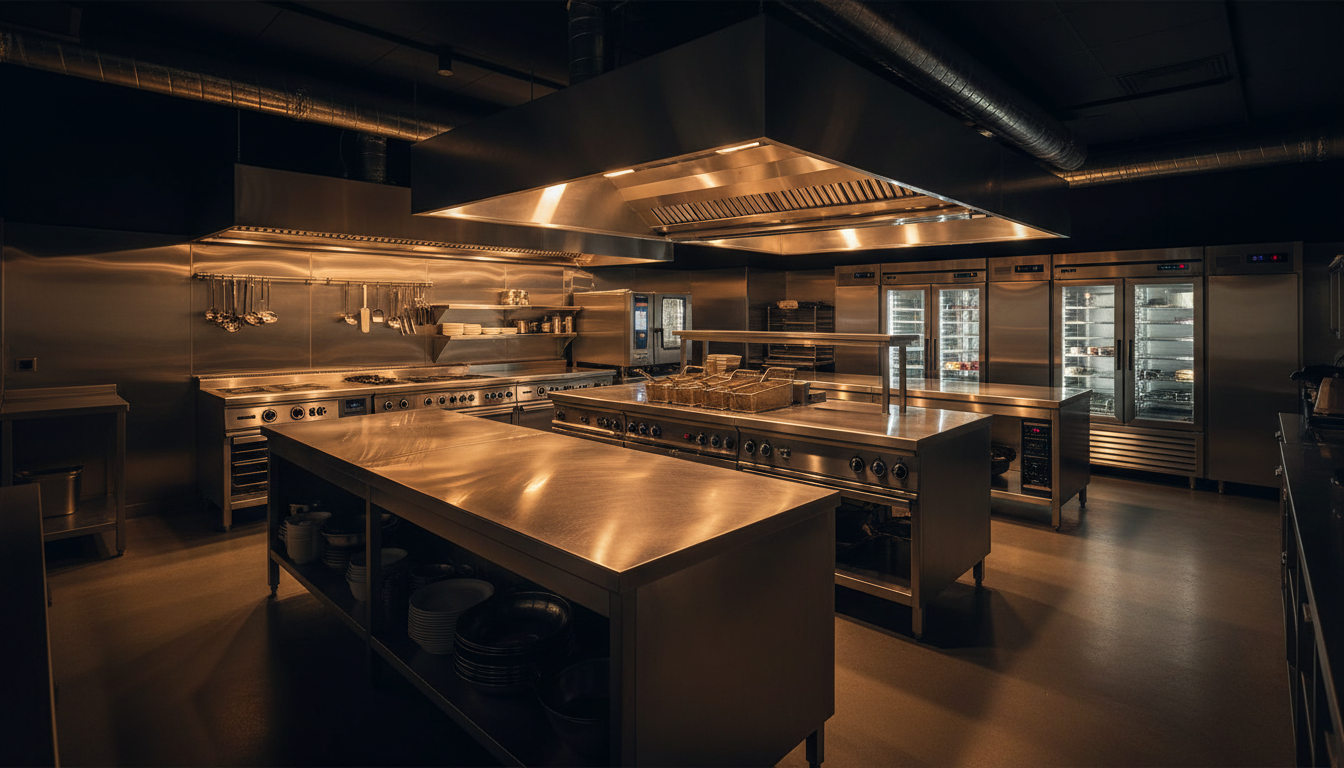 Professional commercial kitchen interior with stainless steel equipment