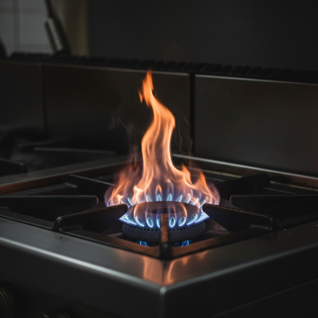 Commercial kitchen gas burner flame