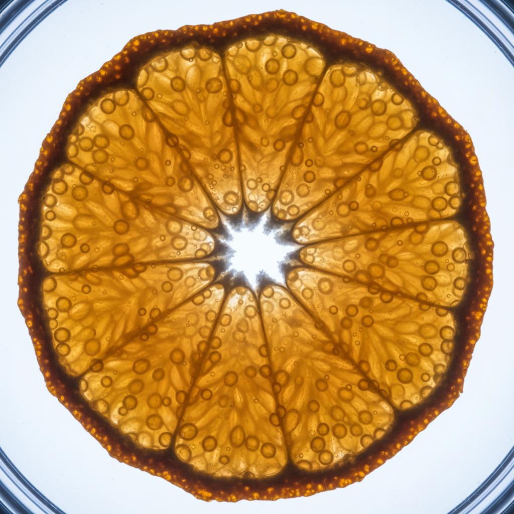 Macro detail of citrus peel surface showing molecular preservation