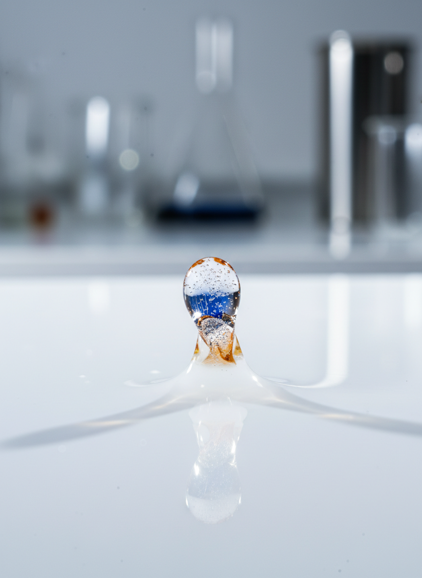 Macro photograph of liquid droplet frozen in time, representing Enduritek shelf-life preservation