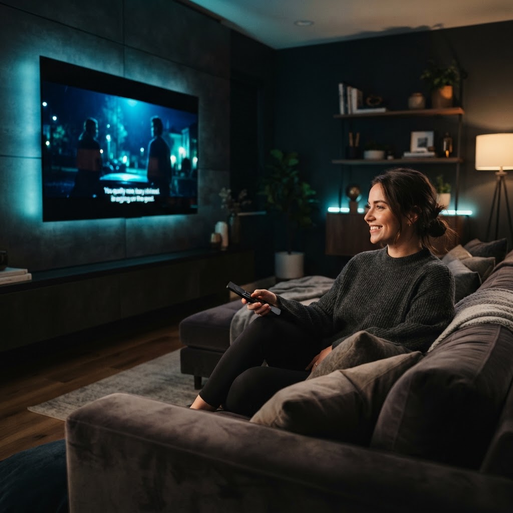 Person watching TV with a remote control