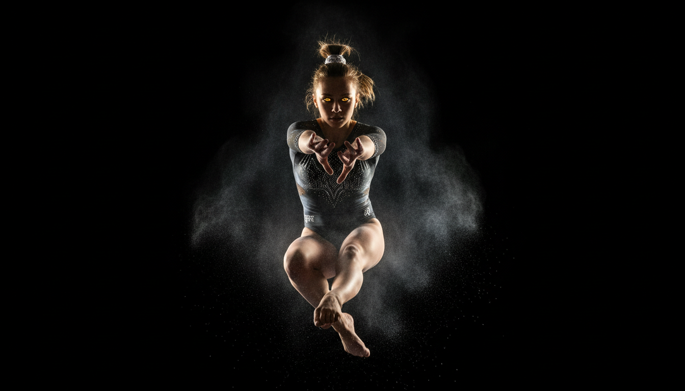 Gymnast flying through dramatic amber light